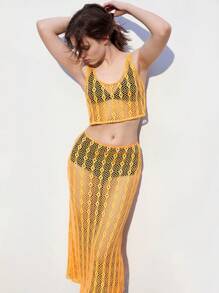 Maija Bộ đồ hai mảnh dệt kim khoét rỗng đơn giản cho nữ đi nghỉ - Màu vàng - Xem 6