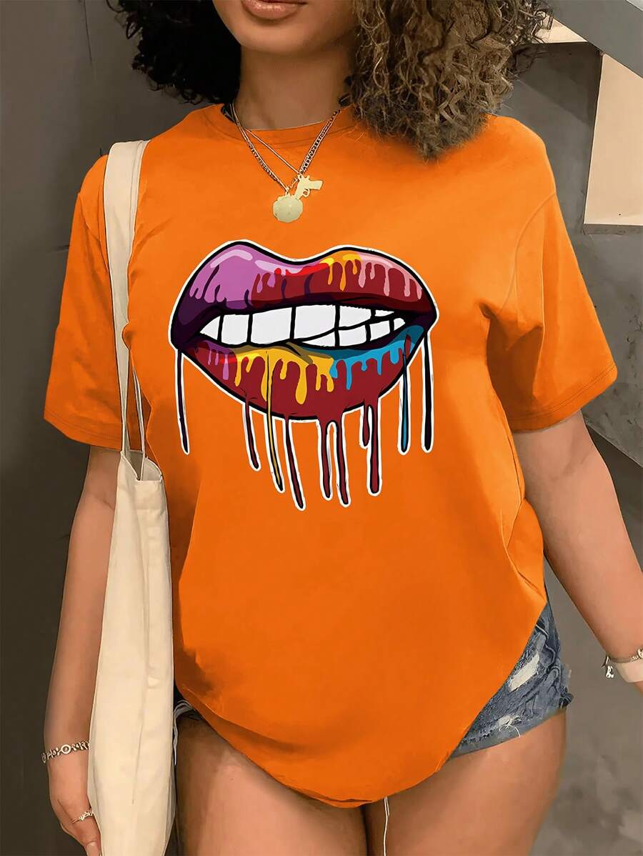INAWLY 大尺寸女性嘴唇印花圓領短袖休閒t恤,夏季必備 - 橘色 - 查看 1