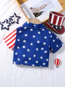 SHEIN 少女返校季休閒度假美國國旗印花短袖扭結前立領襯衫，夏季 - 藍色 - 查看 2