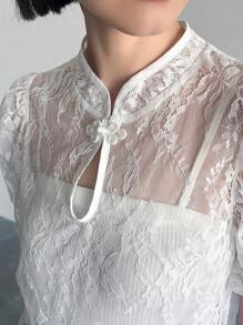 FRIFUL 女式纯色蕾丝短袖夏季透明衬衫 - 白色 - 查看 5