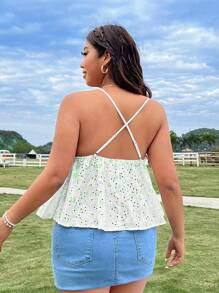 Flirla Cộng với kích thước áo yếm có in hình thêu dễ thương Ruffle Hem Criss-Cross - màu xanh lá - Xem 2