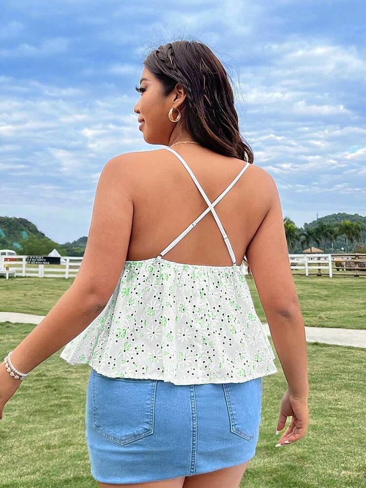Plus Size Cute Printed Embroidered Ruffle Hem Criss-Cross Camisole Top