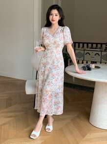 Dazy Designer Mùa hè giản dị Hoa In Cổ chữ V Váy bodycon - trái cam - Xem 4