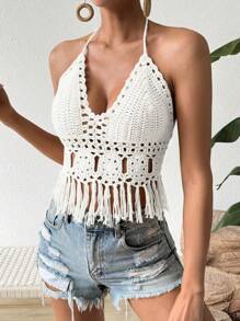 Breezaya Women's Fashionable Crochet Knit Top For Vacation - White - View 3