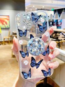 Phone Holder With Phone Charm Summer Butterfly Pattern Phone Case With Stand-Out Phone Grip Compatible With IPhone15/15Plus/15Pro/15Promax