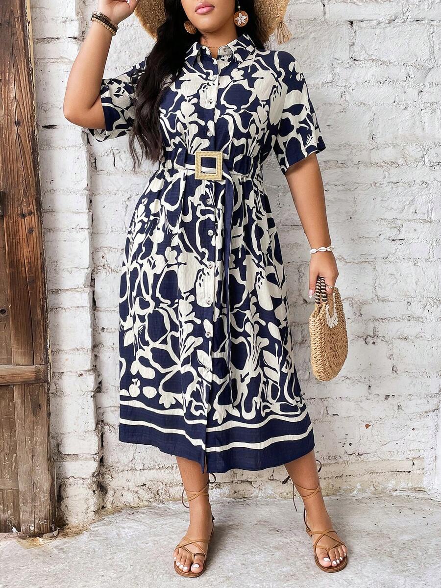 SHEIN Holidaya 大尺碼女式夏季度假風格花卉印花短袖襯衫連衣裙 - 藏蓝色 - 查看 1