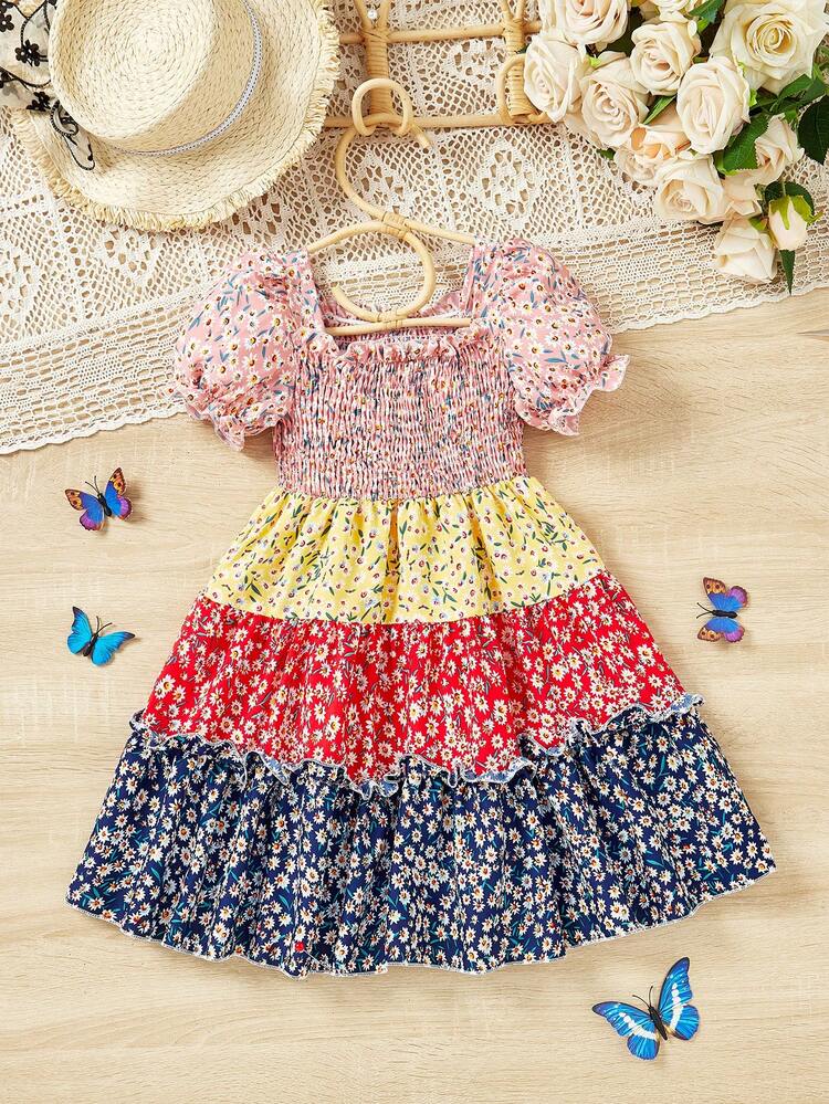 Young Girl Cute Square Neck Bubble Sleeved Patchwork Floral Dress
