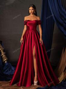 Vestido de noche largo, glamoroso y elegante de Smilprince con hombros descubiertos, cintura ceñida y bajo con abertura, advertencia: el busto es pequeño