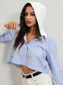 Anewsta Damen Modische Kurze Gestreifte Hemd Mit Kapuze Für Den Sommer - Blau-Weiß - Übersicht 6
