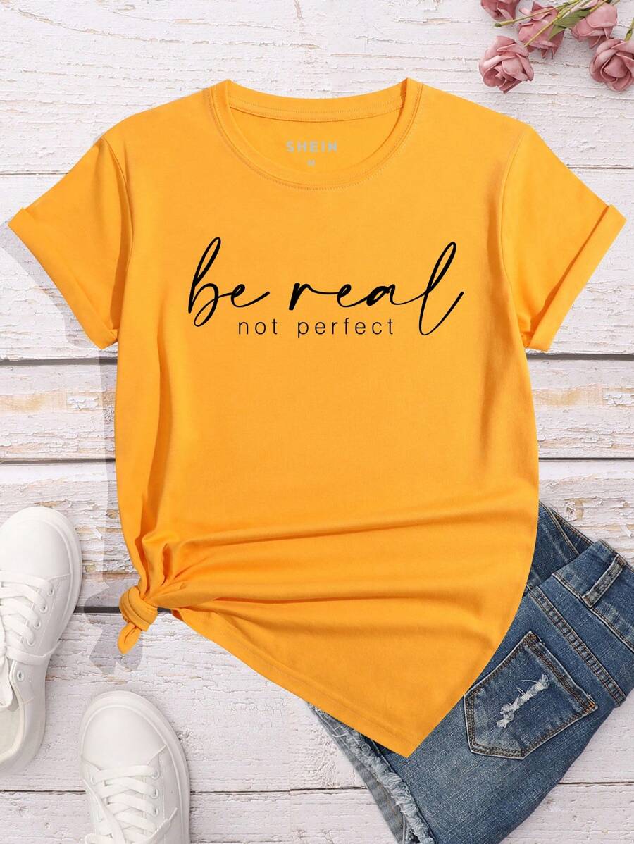 INAWLY 女士夏季短袖 T 恤，带字母印花，Be Real Not Perfect 图案 T 恤，女式上衣