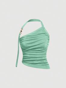 SHEIN MOD Solid Ruched Halter Bodycon Summer Top - Mint Blue - View 1