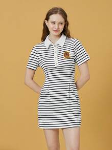 HARRY POTTER X SHEIN Huy hiệu Đã vá In sọc Placket nửa nút Đầm - Đen và trắng - Xem 1