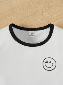 SHEIN 青少年女孩甜美酷炫針織面印花短袖圓領上衣+有趣口號印花捲邊褲套裝，適合日常穿著 - 白色 - 查看 3