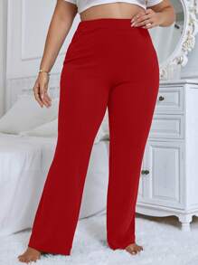 Plus Size Solid Color Elastic Waist Flare Pants For New Year Clothes Fall Cloth For Women - Red - View 3