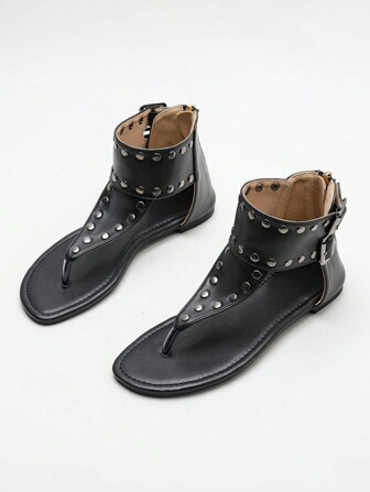 Women's Elegant Flat Sandals, Gun-Color Studs Decorated Faux Leather Toe Ring With Wrap-Around Ankle Strap, New Style Zipper Back Flat Sandals For Vacation At The Gorgeous Beach