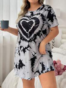 SHEIN Plus Size Heart Tie Dye Printed Pajama Night Dress - Black and White - View 4