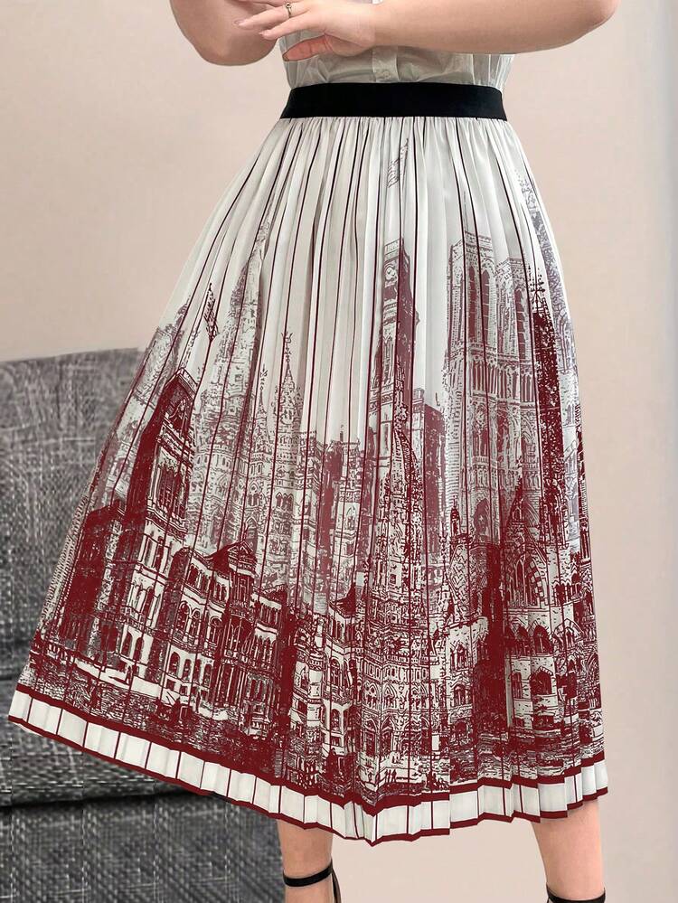 Plus Size Women's Architecture Printed Pleated Skirt Fall Cloth For Women