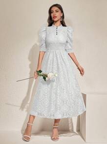 Modelyn Women's Bubble Sleeve Gathered A-Line Dress Maxi Women Outfit Long Evening Dresses - White - View 3