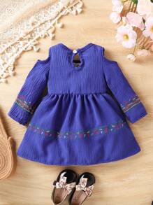 New Arrival Baby Girl Floral Embroidery Off-Shoulder Neckline Casual Dress For Spring - Blue - View 2