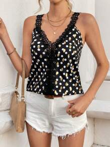 SHEIN Frenchy Women's Polka Dot Printed Lace Trim Camisole, Spliced Clashing Hollow Out Lace Lace, Summer Women's Clothing, Glitter Tops, Stamped Polka Dot Patterns, Black Lace Tops, Flutter Tank Top, Spring Break Women's Clothing, Casual Vacation Everyday - Multicolor - View 2