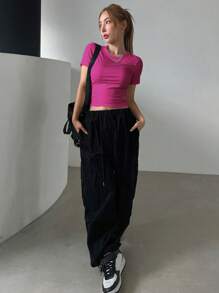 DAZY Của phụ nữ Mùa hè Màu thuần Vòng cổ Ngắn tay Giải trí Áo thun - Màu Hồng Tươi - Xem 5