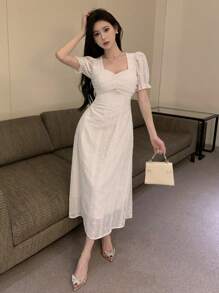 DAZY 提花网纱拼接甜心领修身短袖连衣裙，配腰带，生日舞会礼服，优雅女士连衣裙，长款连衣裙 - 白色 - 查看 3