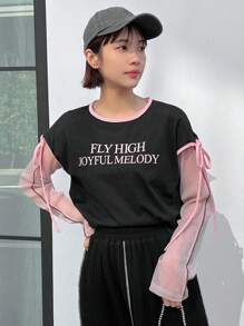 FRIFUL 女士夏季短袖休闲T恤，带字母印花和领带细节，FLY HIGH JOYFUL MELODY，女士短款上衣，图案T恤 - 黑色 - 查看 8