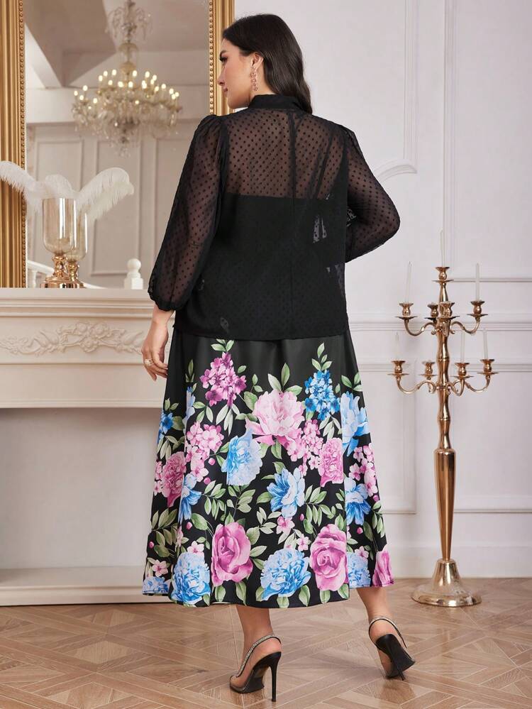 Plus Size Women's Elegant Mesh Lantern Sleeve Tie-Neck Blouse And Floral Printed Skirt For Spring/Summer