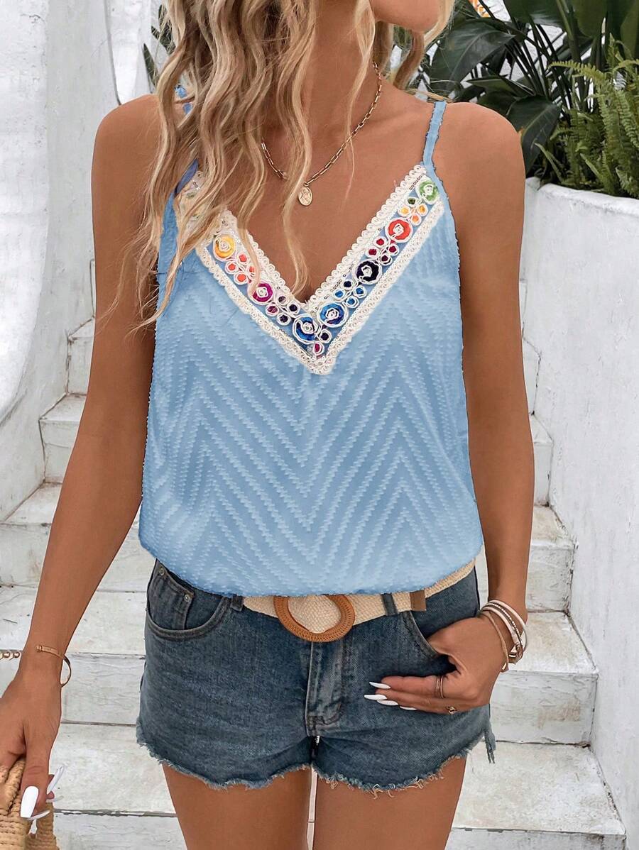 Breezaya Summer Casual Texture Splicing Woven Belt Strap Camisole Top - Blue - View 1
