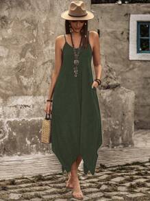 SHEIN BohoFeels 女性夏季不對稱下擺休閒細肩帶連身裙,附帶口袋 - 軍綠色 - 查看 5