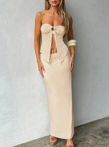 休閒夏季不對稱擺口綁帶背心及裙子組合，適合外出穿著 - 卡其色 - 查看 1