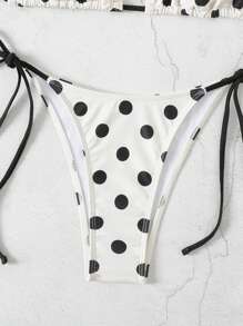Swim Mod 2026 Spring/Summer Women's Spaghetti Strap Halter Neck White Base Black Polka Dot Random Print Sweet Cute Side Tie Bikini Two Pieces Swimsuit - Black and White - View 5