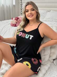 Plus Size Doughnut Pattern Printed Casual Tank Top And Shorts Pajama Set For Summer - Black - View 1