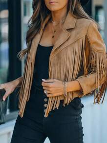 Astylish Women Western Wear Long Sleeve Fringe Open Front Faux Suede Moto Jacket Festival
