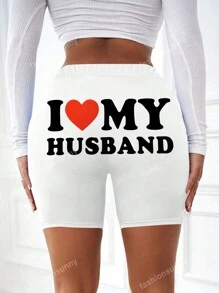 Slogan & Heart Print Casual Shorts For Women, Suitable For Summer