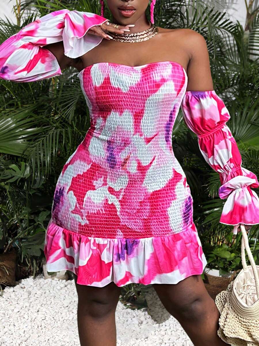 Slaydiva Holiday Floral Print Tiered Dress - Hot Pink - View 1