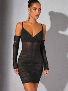 Hauture Dot Glitter Ruched Dress With Sleeves - Black - View 1