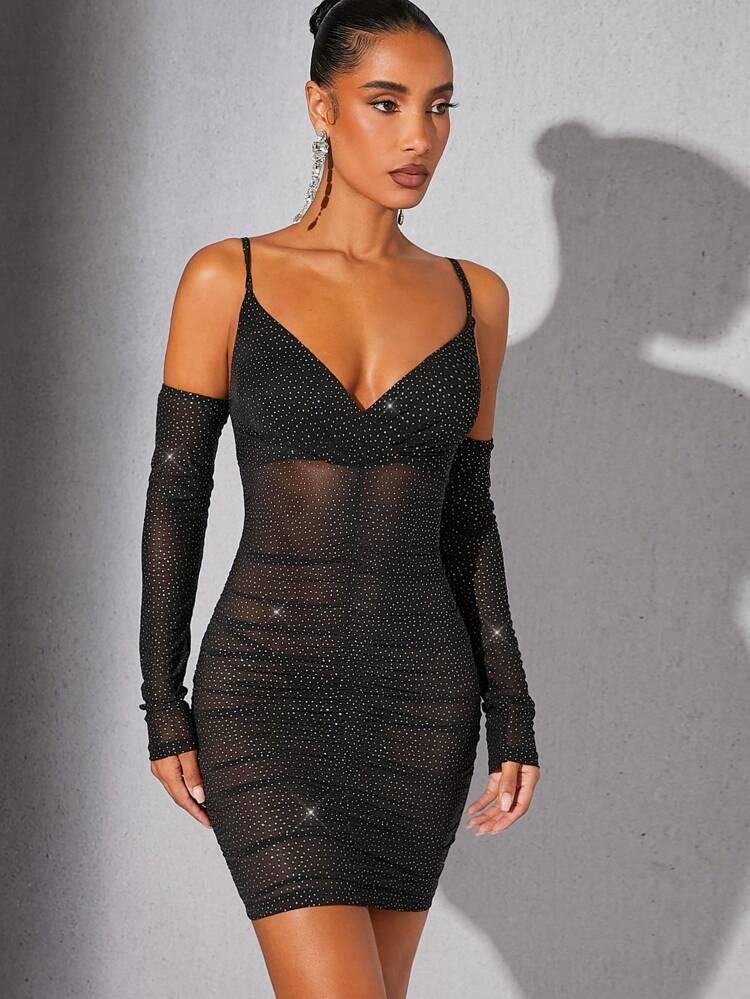 Dot Glitter Ruched Dress With Sleeves