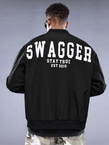 Manfinity VCAY Men's Woven Baseball Collar Casual Jacket With Letter Print, For Fall Winter - Black - View 1