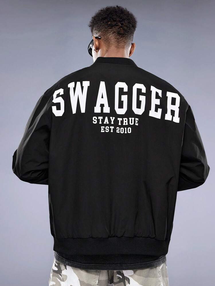 Men's Woven Baseball Collar Casual Jacket With Letter Print, For Fall Winter