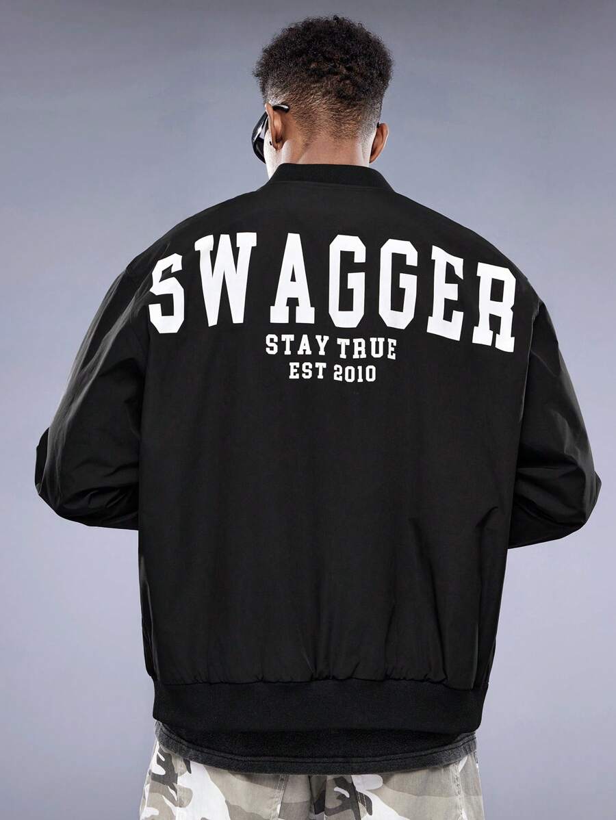 Manfinity VCAY Men's Woven Baseball Collar Casual Jacket With Letter Print, For Fall Winter - Black - View 1