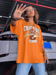 SHEIN Unity Lỏng lẻo phù hợp Tay áo ngắn Áo thun Với In thư Cho mùa hè - trái cam - Xem 4