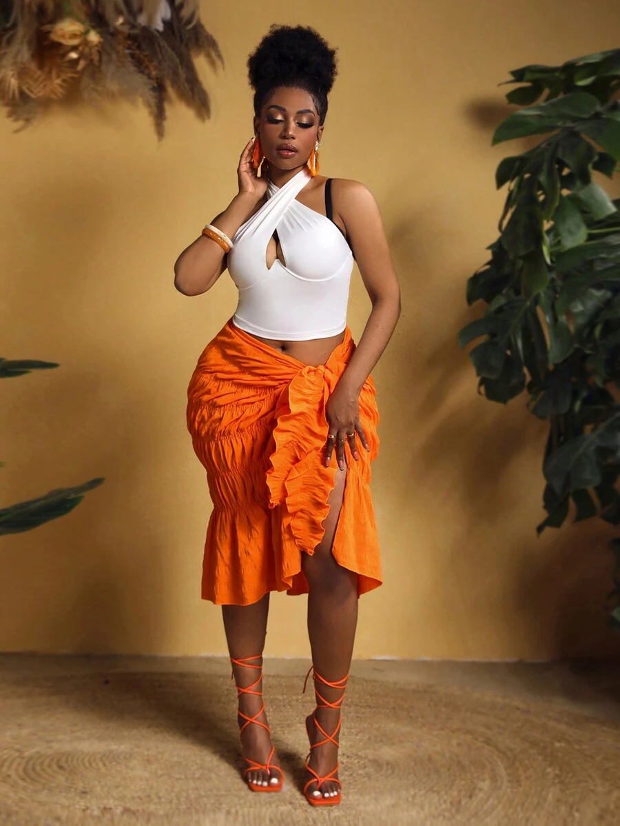 Slaydiva 大尺碼女士彩色拼接十字背心領上衣和裙子沙灘假期套裝 - 彩色 - 查看 1