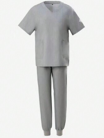 V-Neck Short Sleeve Pocket Top And Long Pants Scrub Uniform Set