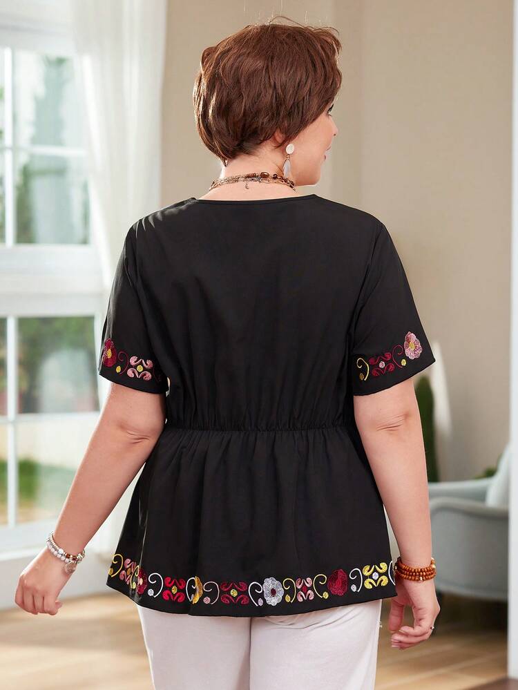 Plus Size Women's Flower Embroidery Asymmetric Hem Blouse With Lotus Leaf Hem Peplum Top
