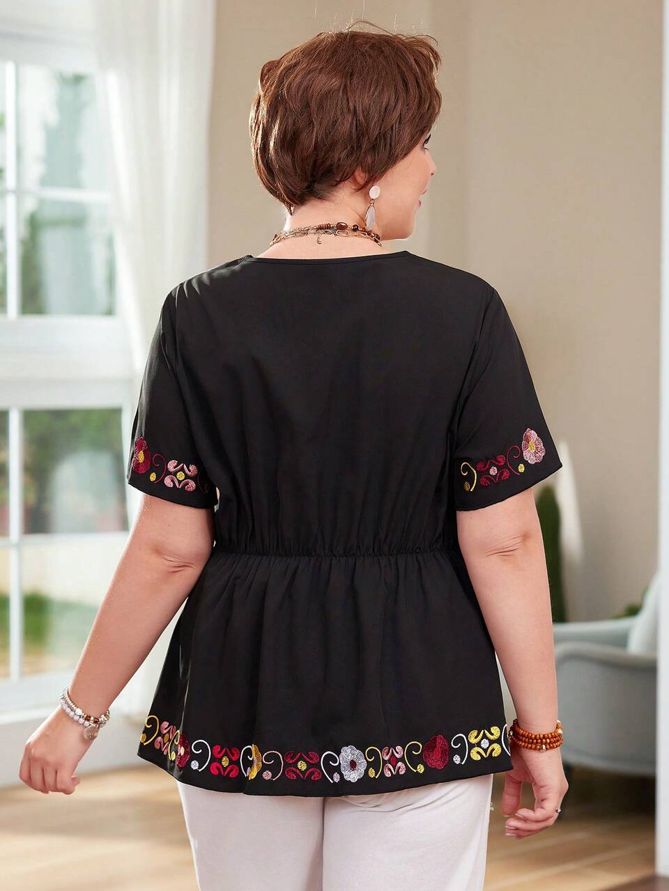 Plus Size Women's Flower Embroidery Asymmetric Hem Blouse With Ruffle Trim Peplum Top