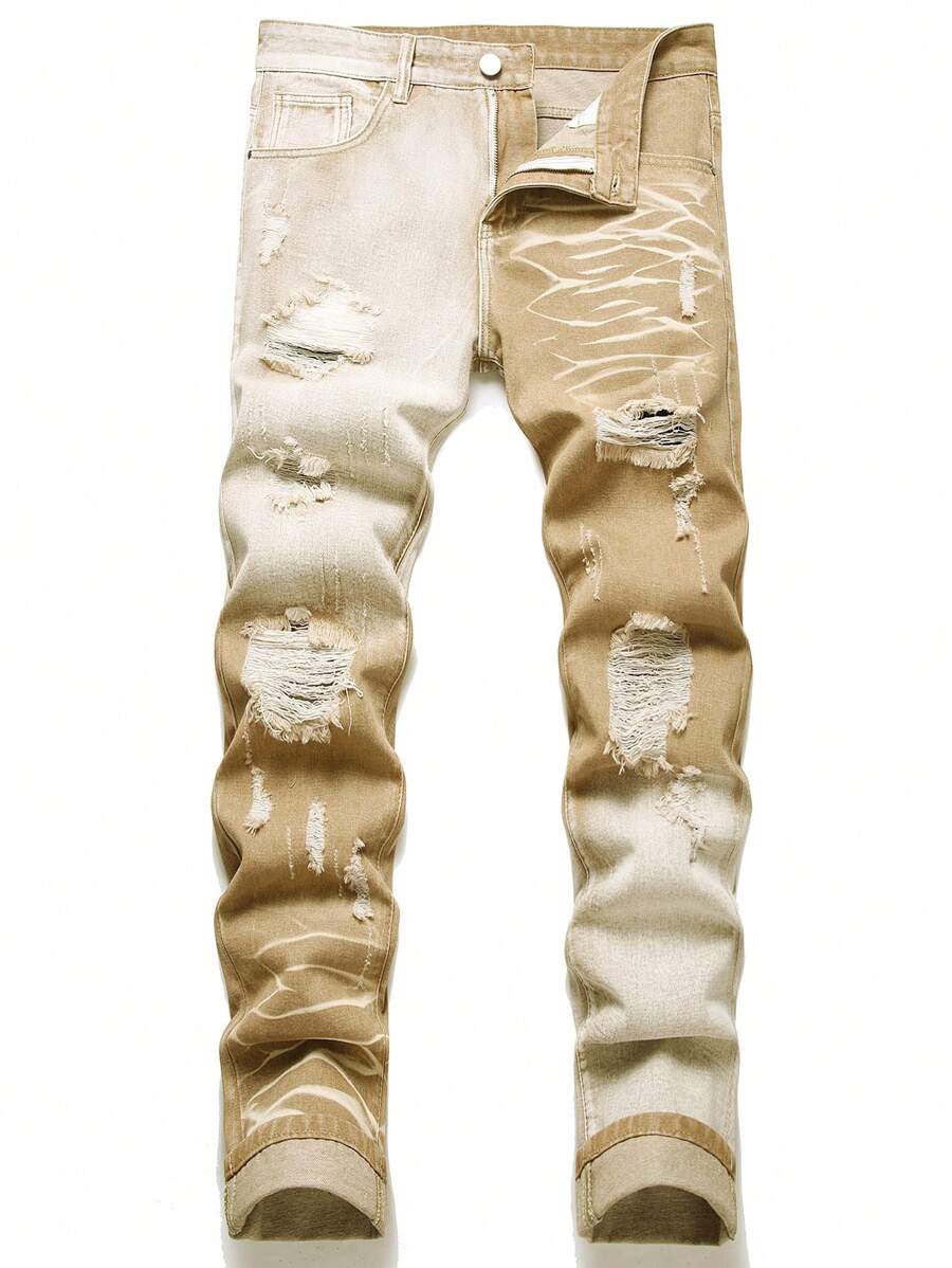 Herren Jeans in Große Größen mit modischem Destroyed-Look und Heavy Wash - Khaki - Übersicht 1