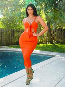 SHEIN SXY Summer Elegant Orange Knit Midi Dress With Shoulder Straps And Tie Straps For Vacation - Orange - View 7