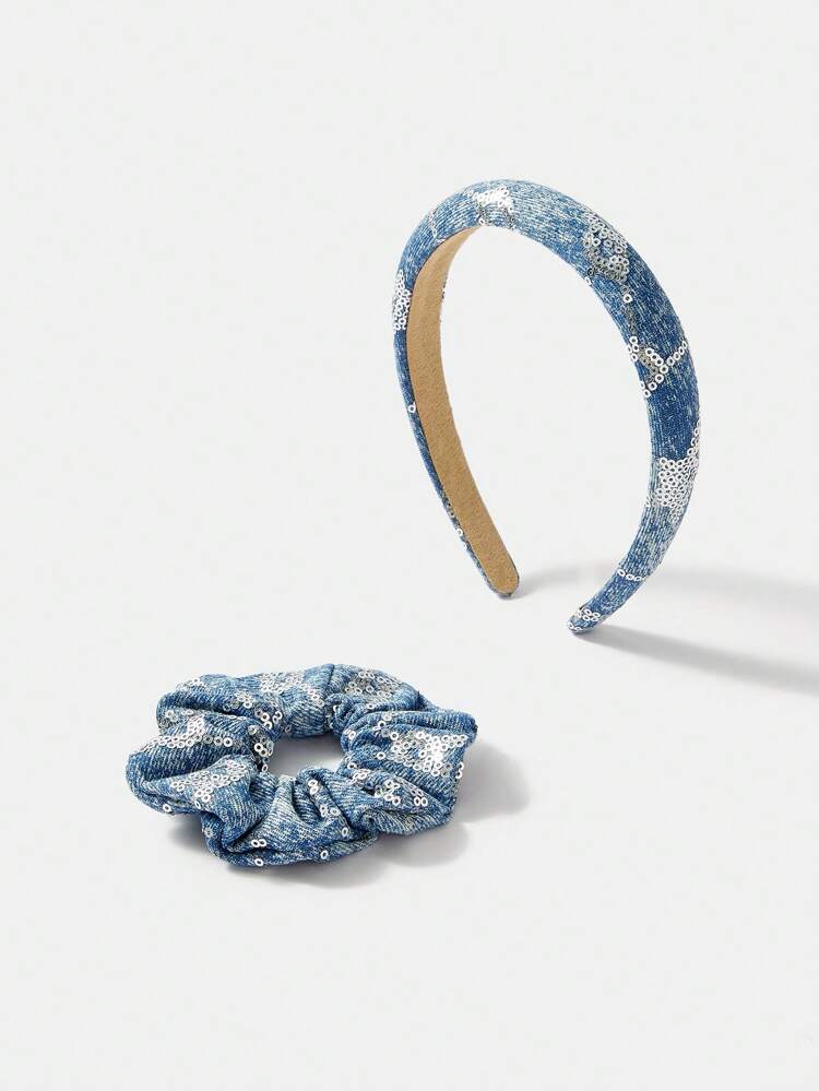 2pcs/Set Women's Cute Denim/ Denim Effect Glitter Hairband And Headband Combo, Suitable For School,Party, Night Club, Casual Occasions