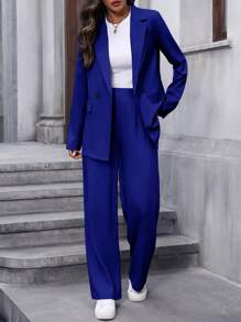 Calvaya Women's Solid Color Suit Set With Lapel Collar Jacket And Long Pants